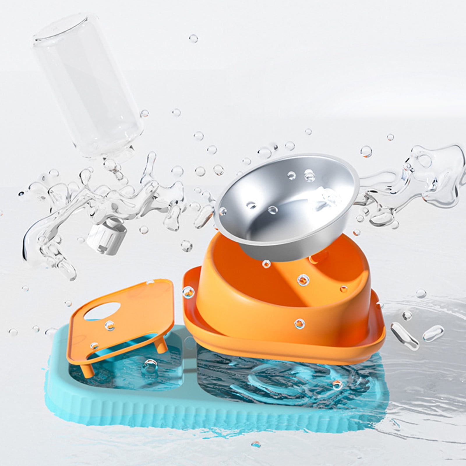 Orange Stainless Steel Double Bowl Pet Feeder Automatic Gravity Water Bowl Anti Tip For Cats Dogs Warm Water Heating