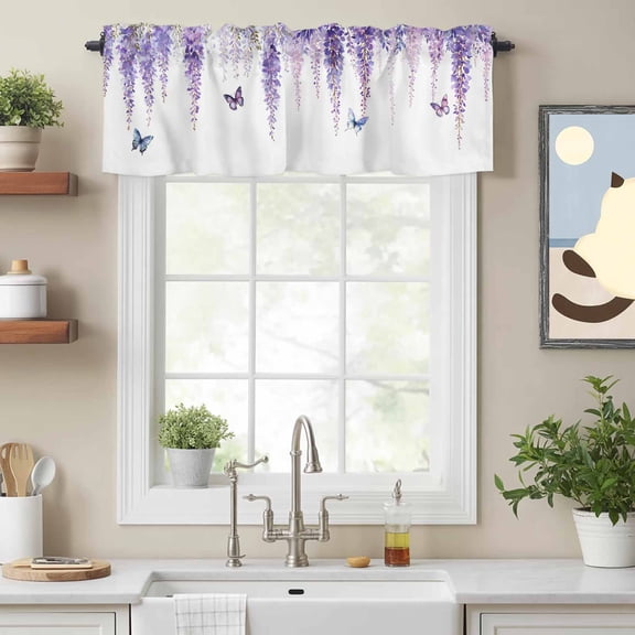 Watercolor Spring Purple Vineflowers Valances for Windows,Rod Pocket Valance for Kitchen Bedroom Bathroom Living Room,Farm Butterflies Window Valance Curtain Home Decor Short Curtains 54x18in
