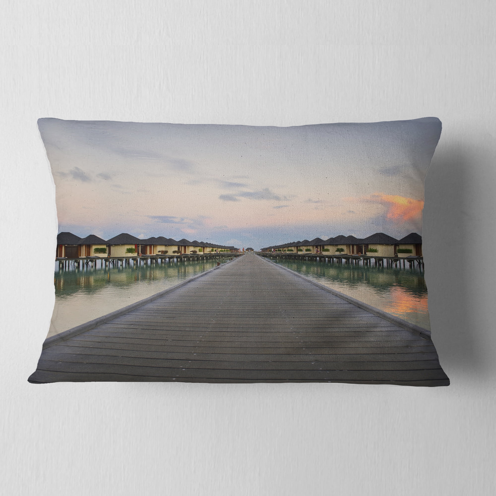 Designart Wooden Bridge to Water Home Villas - Wooden Sea Bridge Throw Pillow - 12x20