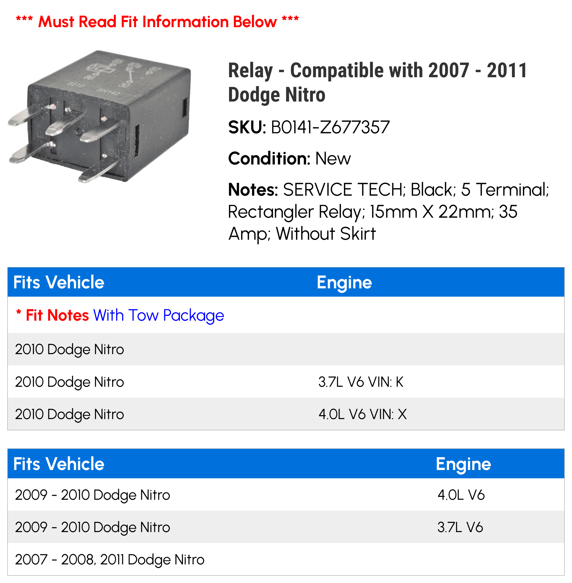 Relay - Compatible with 2007 - 2011 Dodge Nitro 2008 2009 2010