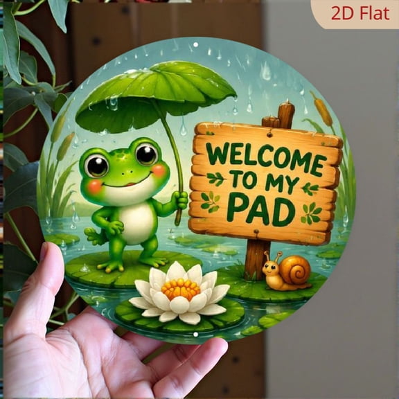2D Flat Printing 8X8 Inch Aluminum Sign (Charming Frog Welcome Sign) Sign, Round Aluminum Decorative Sign, Suitable for Home, Cafe, Apartment