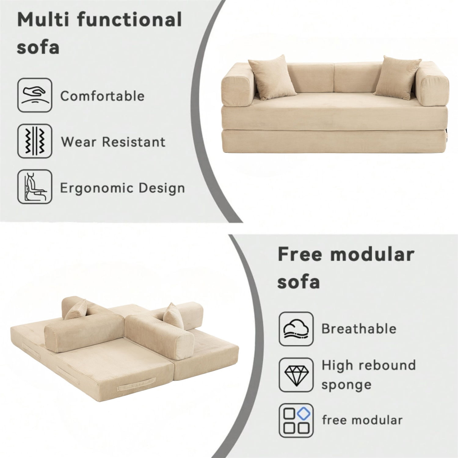 Hommoo Versatile Corduroy Fabric Full Foam Modular Compressed Sofa Couch Bed Sleeper with Multiple Layout Options, Beige