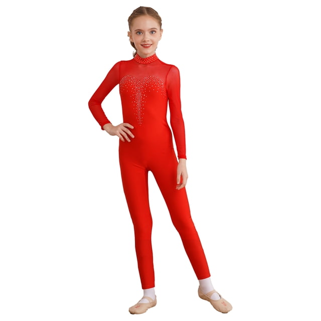 CHICTRY Kids Girls Unitard Jumpsuit Shiny Rhinestone Long Sleeve Full Bodysuits Gymnastics Dance Performance Costume Red 16