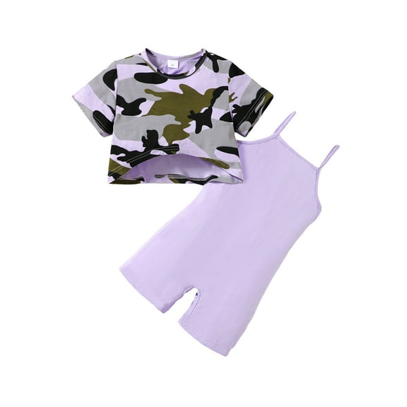 Mikrdoo Kid Girls Bamboo Fiber Outfits Camo Short Sleeve Cropped Tops Straps Jumpsuits 2Pcs Clothes Set 4-7 Years Purple