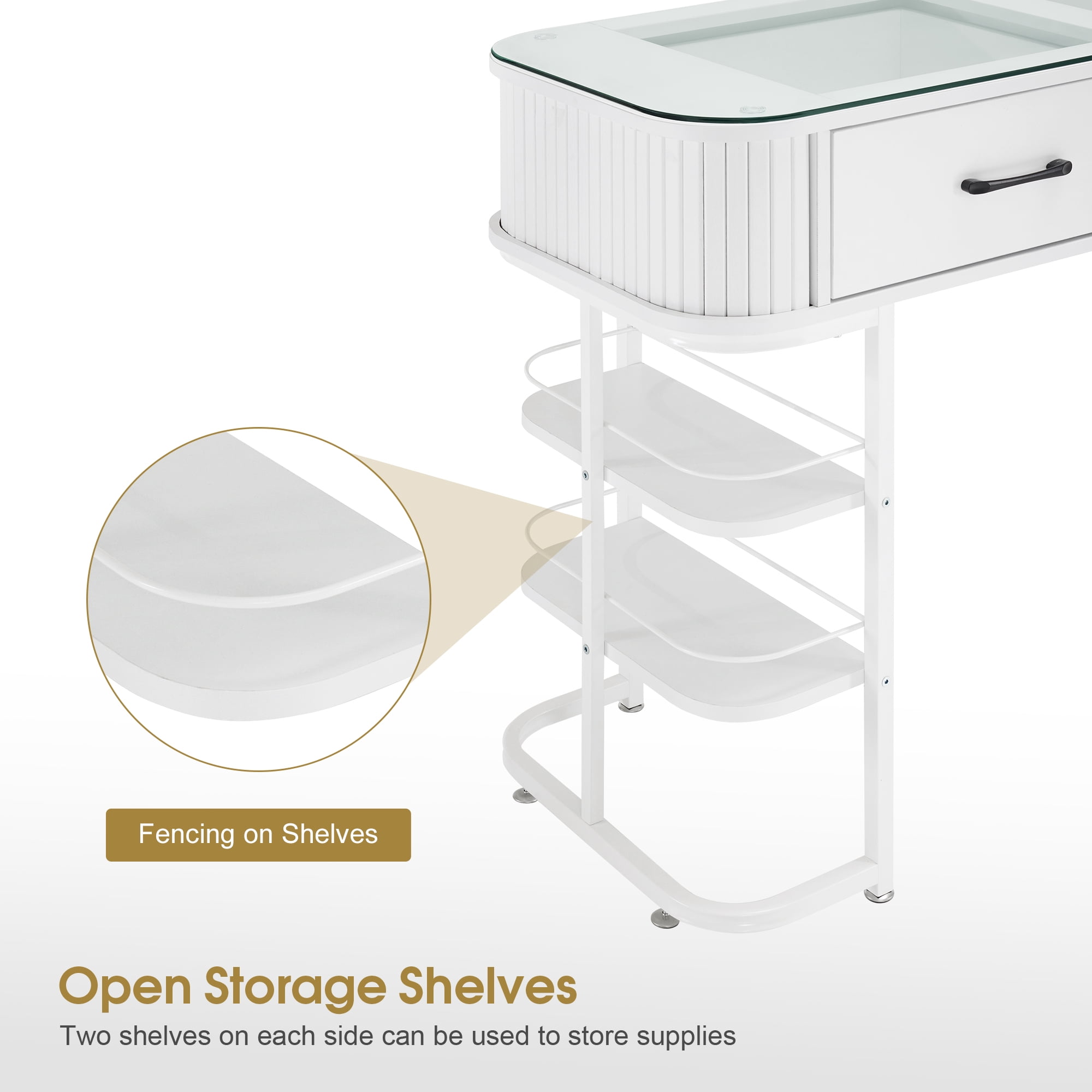 BarberPub Manicure Table Acetone-Resistant Nail Tech Desk with Glass Top, Storage Shelves Beauty Makeup Station(White)