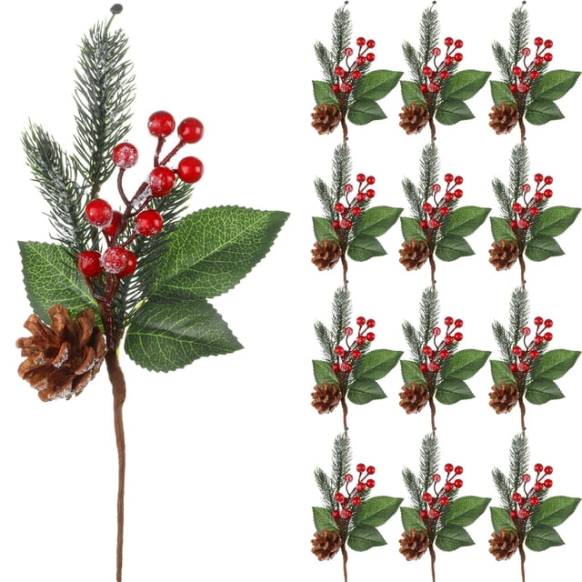 Pinos navideños Boao, 12 unidades, 28 cm, con frutos rojos