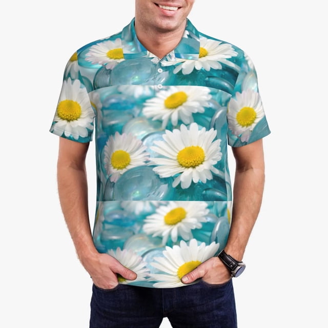 Fotbe Daisy Flowers Camiseta Polo de Golf para Hombre con Estampado – Camisa Deportiva Transpirable con Cuello Abotonado-Large