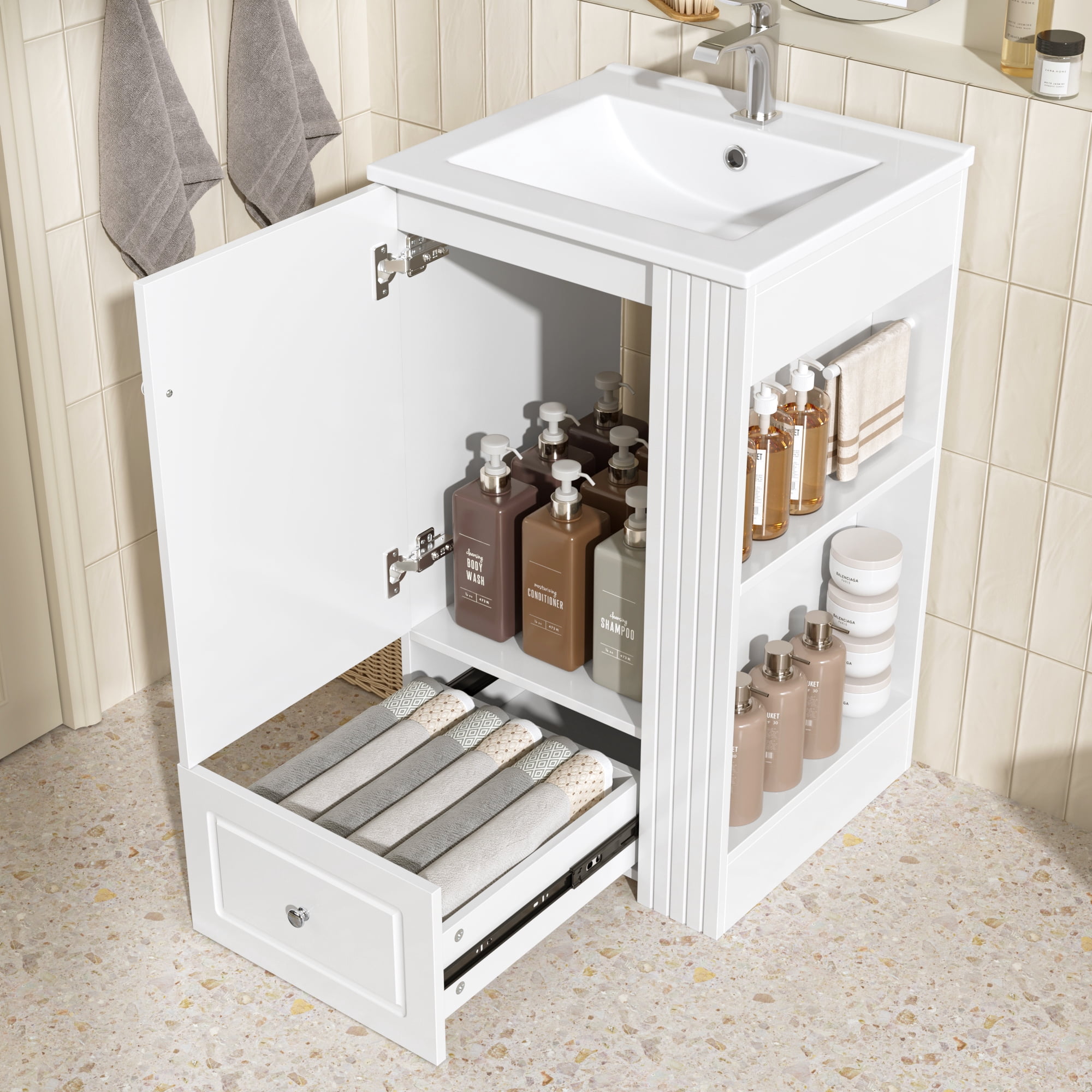 Euroco 20" Freestanding Bathroom Vanity with Ceramic Sink, Single Faucet Hole, MDF Storage Cabinet with Soft-Close Drawer, Open Side Shelves with Pinewood Towel Bar