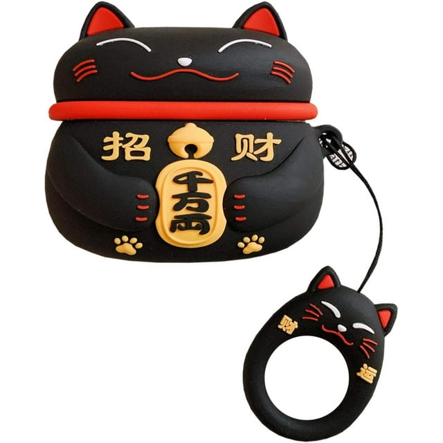 SURJDE Creative Case Compatible with AirPods Pro, Cute Fun Lucky Cat Design Skin Soft Silicone AirPods Cover Case with Ring Buckle Unique Mini Protective Box for AirPods(Black, AirPods Pro)