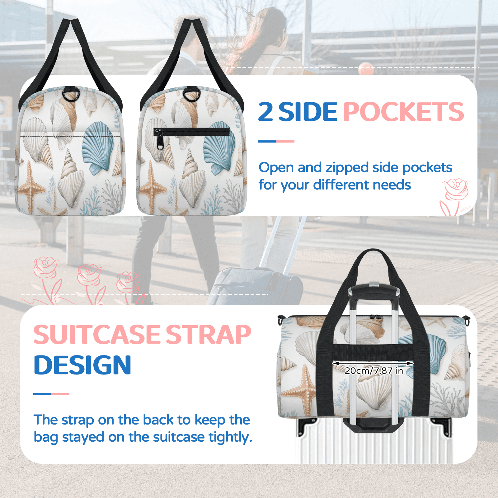 Herdesigns Nautical Coastal Gym Bag for Women, Starfish Seashell Coral Duffle Bag for Travel Sport, Lightweight Waterproof Carry on Weekender Overnight Dance Yoga Workout Bags