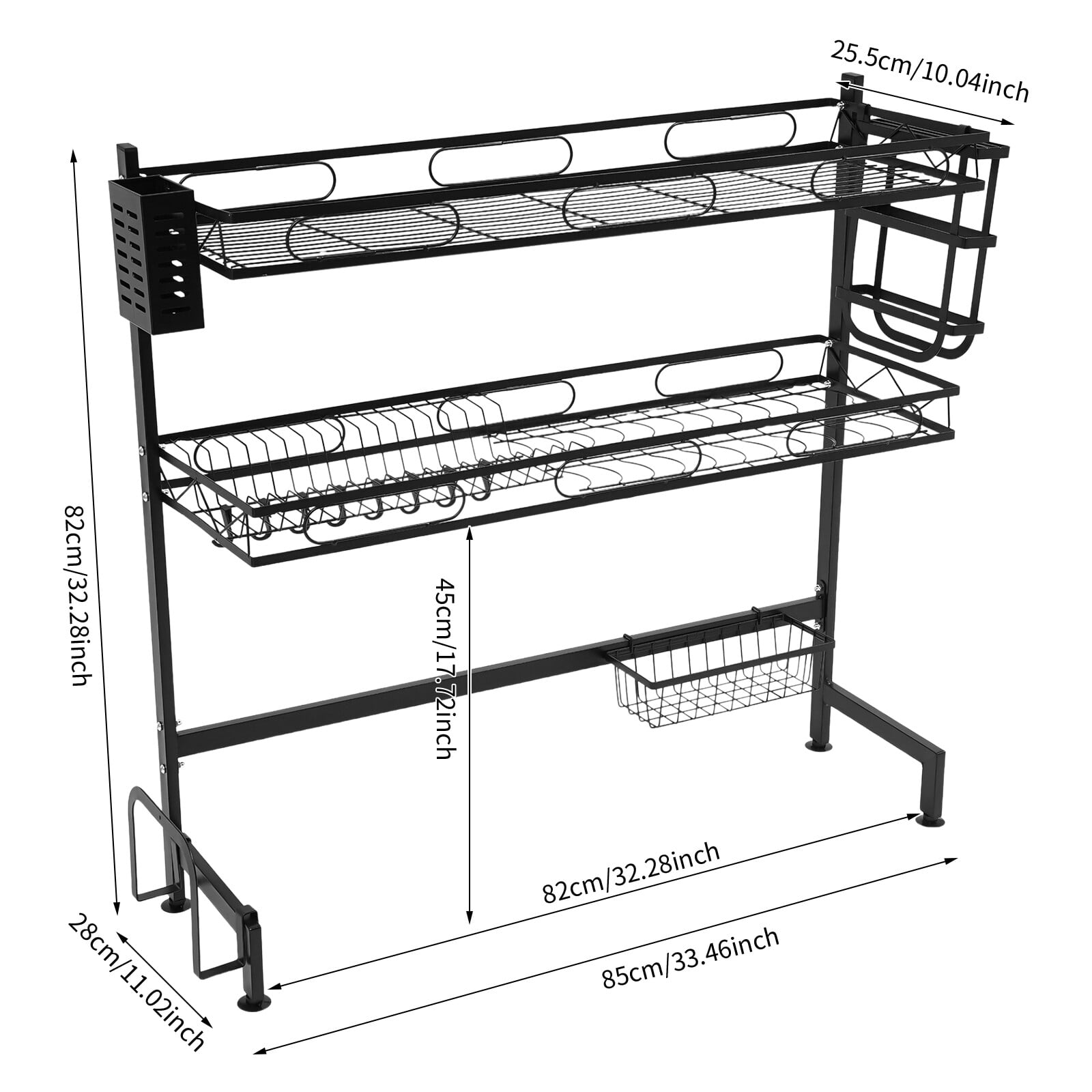 2-Tier Over Sink Dish Drying Rack – Heavy Duty Carbon Steel Kitchen Organizer with Adjustable Anti-Slip Feet, High Guardrail & Multi-Basket Storage, Black