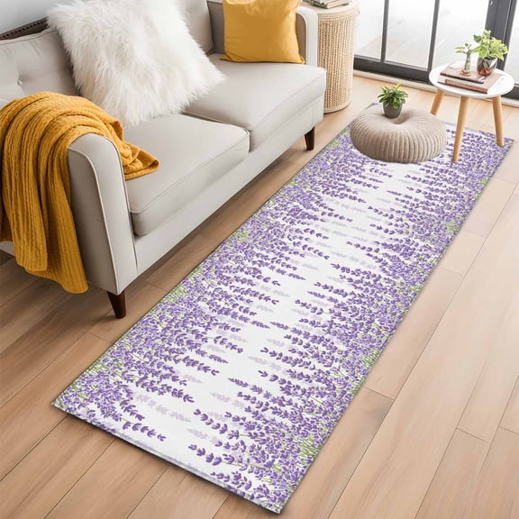Lavender 2'x6' Runner Rugs for Hallway Kitchen Bedside Non Slip Washable, Spring Botanical Purple Flowers Leaves Plants Entryway Rug Runners with Rubber Backing, Long Carpet Runner for Laundry Room