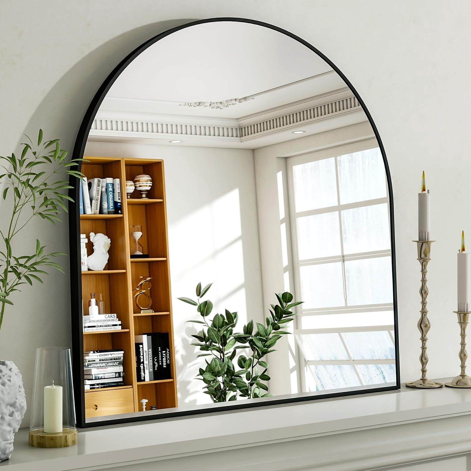 SHATTERVUE 34"x32.1" Arched Wall Mirror Wall-mounted Bathroom Mirror with Modern Aluminum Frame,Black