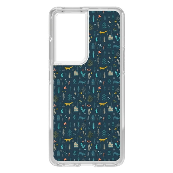 DistinctInk Clear Shockproof Hybrid Case for Galaxy S21 ULTRA 5G (6.8" Screen) - TPU Bumper, Acrylic Back, Tempered Glass Screen Protector - Modern Floral - Navy - House, Deer, Tree
