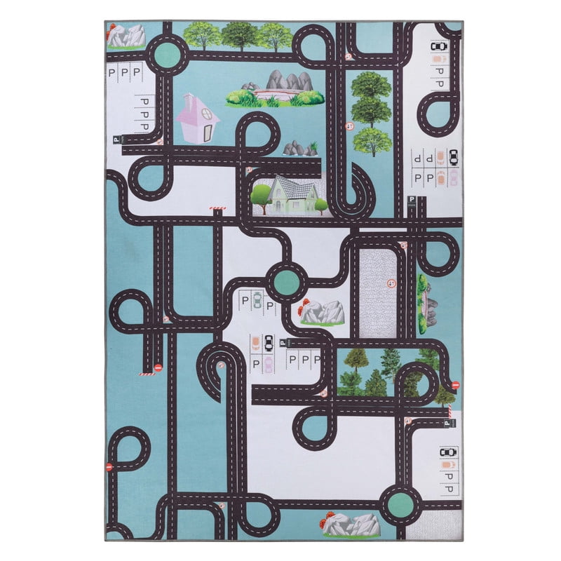 Superior Country Road Non-Slip Washable Indoor Play Rug, 8' x 10', Pine Green