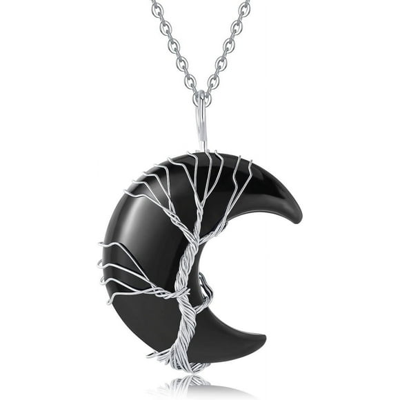 XIANNVXI Tree of Life Wire Wrapped Crescent Moon Pendant Necklace Reiki Healing Crystal Stone Necklaces Natural Gemstone Quartz Jewelry for Women