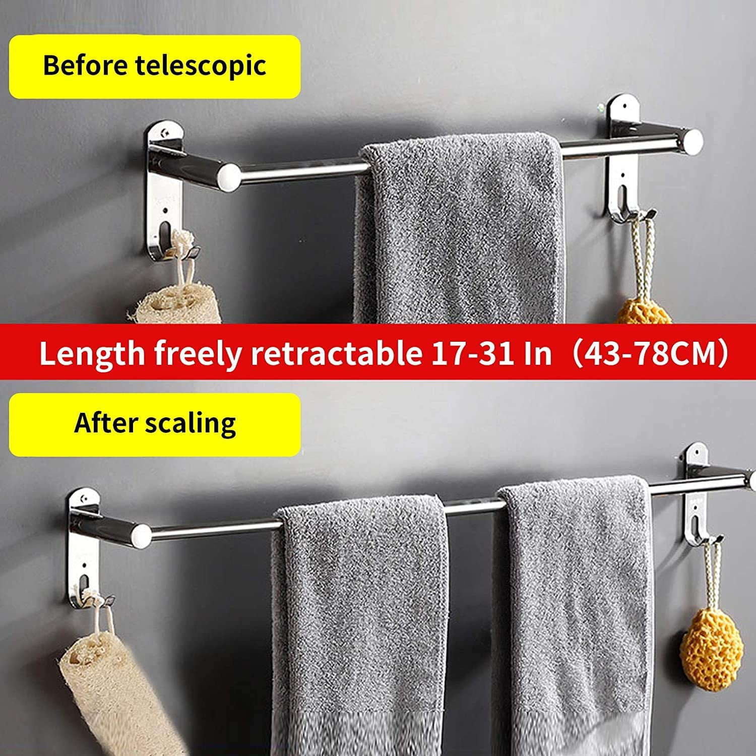 Stretchable 19.7 Inch 31.5 Inch new model Towel Bar Towel Hook Towel Rack Stainless steel towel hanger Towel bar Strong 3M Adhesive Bathroom wall mounted type No hole mounting Hole drilling Walmart