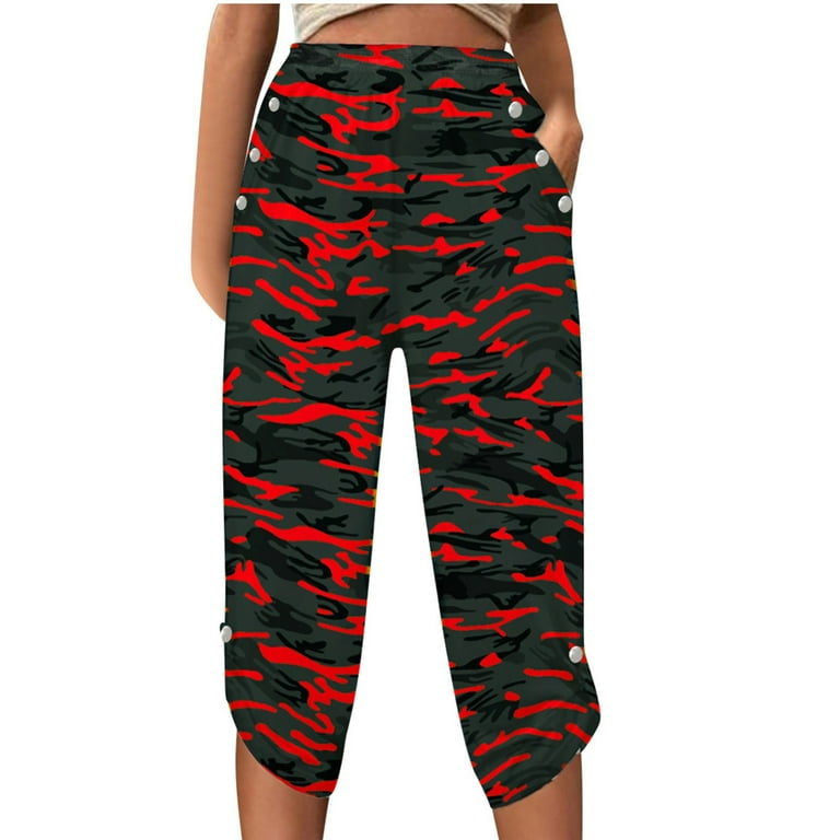 Cute Red Camo Bottoms CLOISE Womens Capri Pants With Pockets