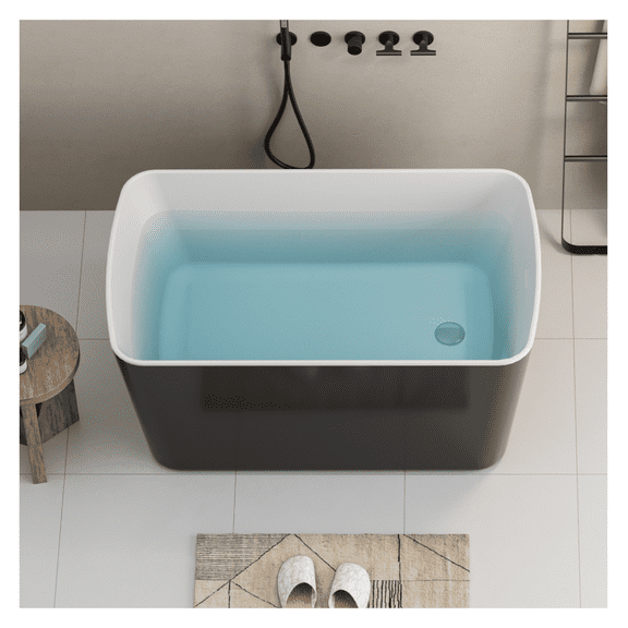 49'' Acrylic Freestanding Soaking Bathtub, Square-shape Japanese Soaking Hot Tub with Overflow and Drain, Glossy Black 24A01-49B