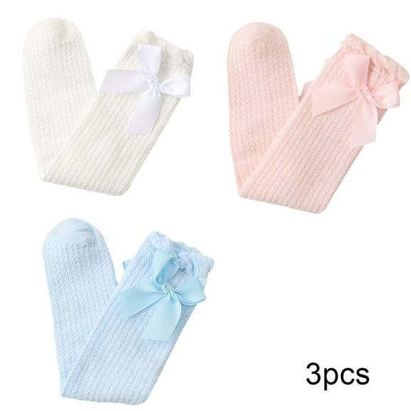 LYMAYTER Kids Girls Knee High Socks 3 Pairs Spring Summer Bowknot Mesh Calf Socks Toddler Solid Colours Thigh High Socks for 3-12 Years