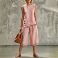 thumbnail image 2 of Womens Casual Two Piece Outfit Round Neck Sleeveless Top Elastic Waist Culotte Pants with Pockets Cotton Blend Vacation Set Pink L(L), 2 of 5