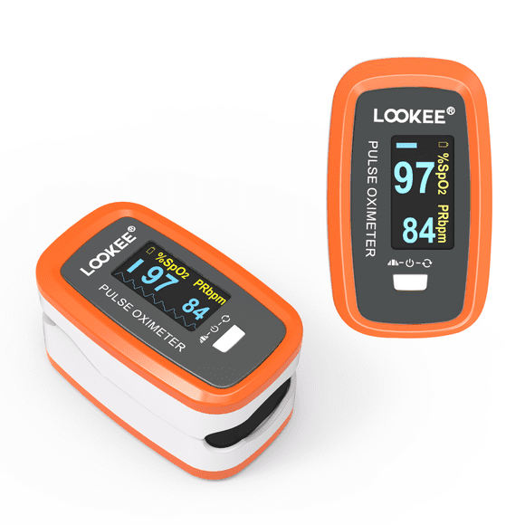 LOOKEE® Premium Pulse Oximeter | Proudly Canadian | Fingertip Oxygen Therapy Monitor | SpO2 Blood Oxygen Saturation Monitor with Auto Rotate OLED Display Plethysmograph & PR | Orange
