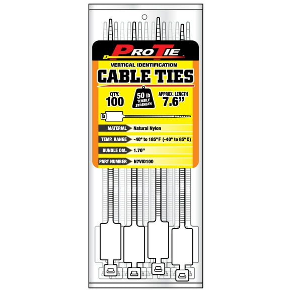 Pro Tie N7VID100 7.6-Inch Vertical ID Cable Tie, Natural Nylon, 100-Pack