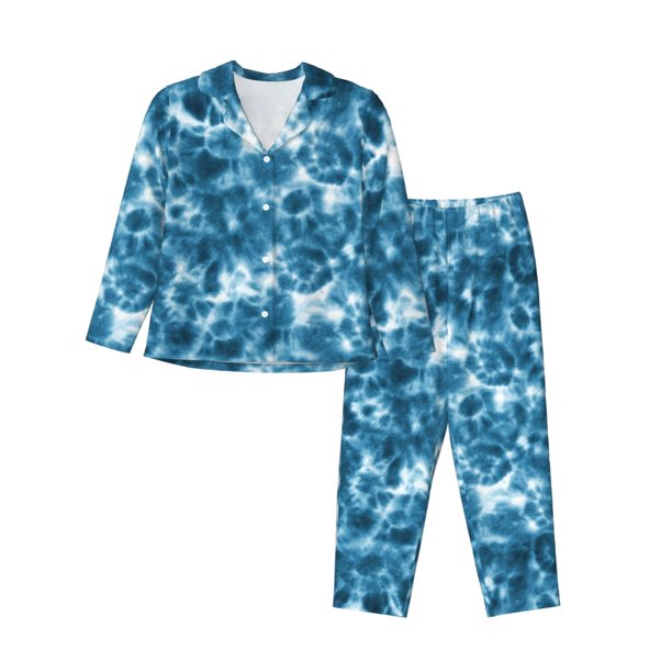 Balery Blue Tie Dye Conjunto de Pijama con Estampado para Mujer, Conjunto de Dos Piezas con Manga Larga, Ropa de Dormir Suave con Bolsillos, Pijamas Cómodos-XX-Large