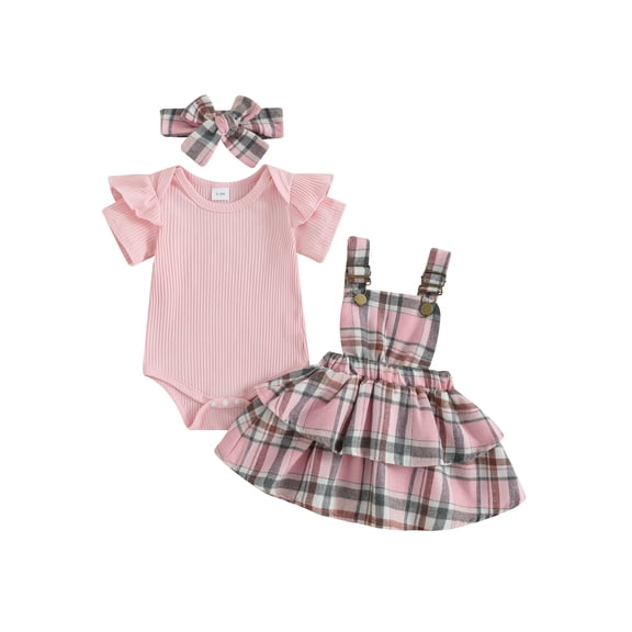 Bagilaanoe 2Pcs Newborn Baby Girls Overalls Dress Set Ribbed Short Sleeve Rompers Tops Plaid Suspender Skirt Headband 3M 6M 12M 18M 24M Infant Casual Clothes
