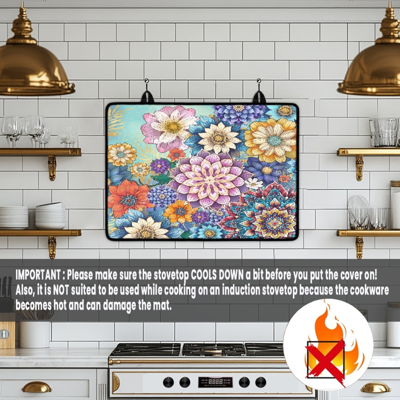 Renewold Stove Cover for Electric Glass Top Stove, Induction Electric Stove Top Protector Oil-proof Heat Resistant Washer Dryer Top Cover, 29'' x 21'', Bohemian Flower Violet Blue