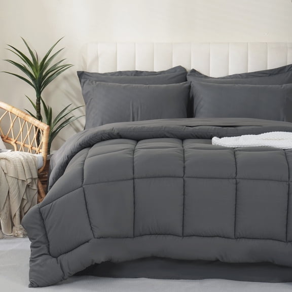 YEPCLUB Twin Size Comforter Set, 5-Piece Bed in a Bag, Soft Reversible All Season Bedding Set with Sheets, Pillowcase & Sham, Grey