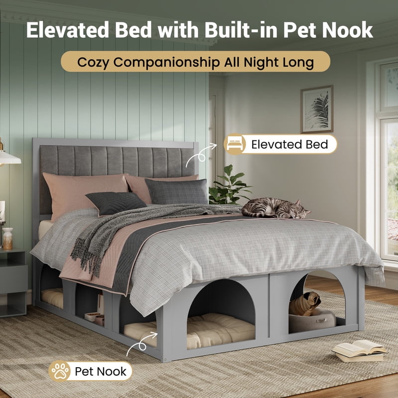 Queen Size Pet-Friendly Platform Bed with Under-Bed Pet Nooks, Heavy Duty Wooden Storage Bed Frame with Padded Headboard