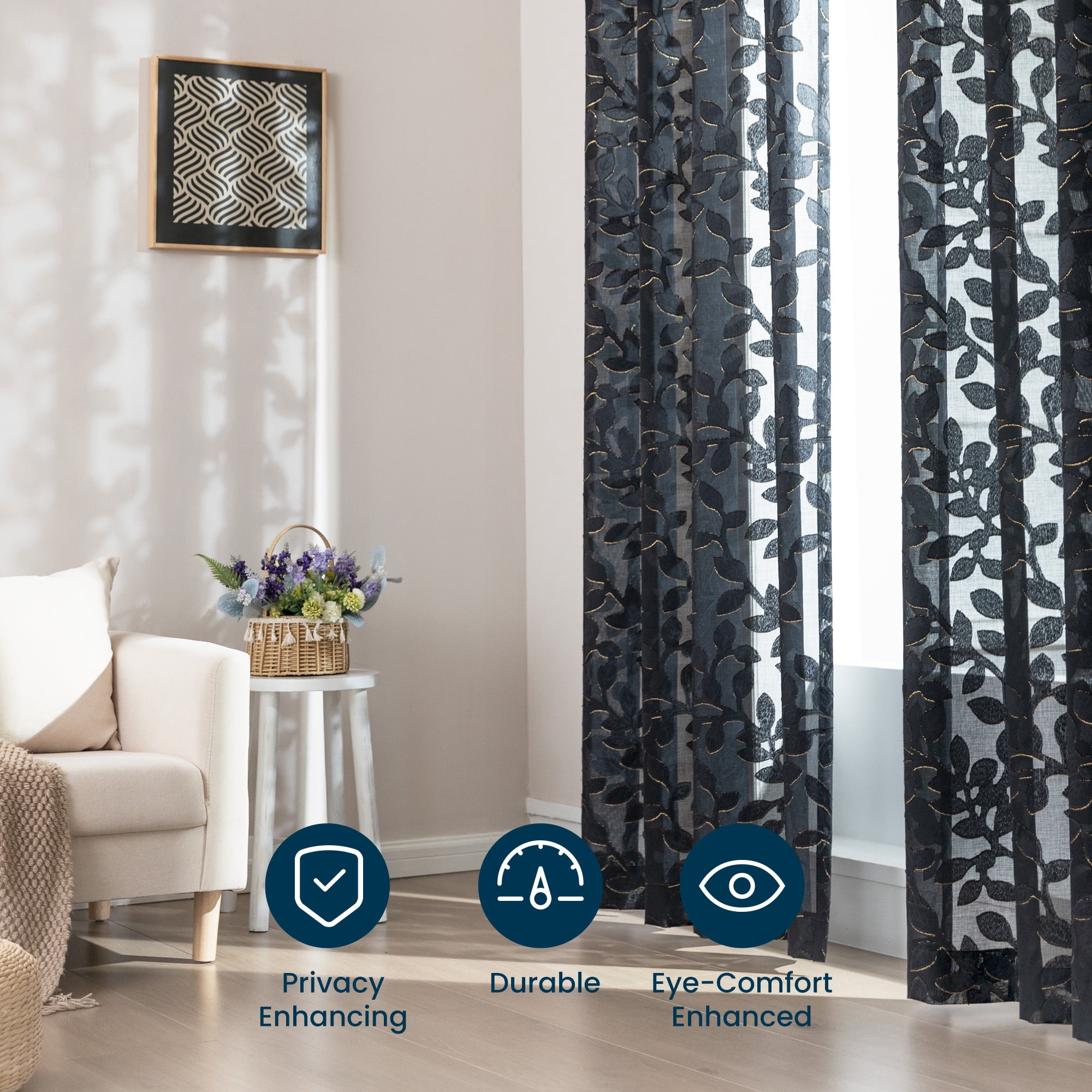 Sleep Zone Sheer Curtains Light Filtering Golden Edged Floral Gentle Window Treatment Drapes for Bedroom Living Room 2 Panels, 52" x 84" Black