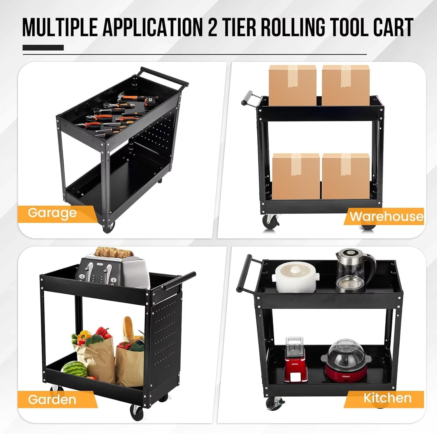 2-Tier Utility Cart, Heavy Duty Steel Rolling Cart, 300lb Multi-Purpose Tool Organizer, Metal Garage Organizer Tool Cart for Warehouse, Garage, Garden, Kitchen