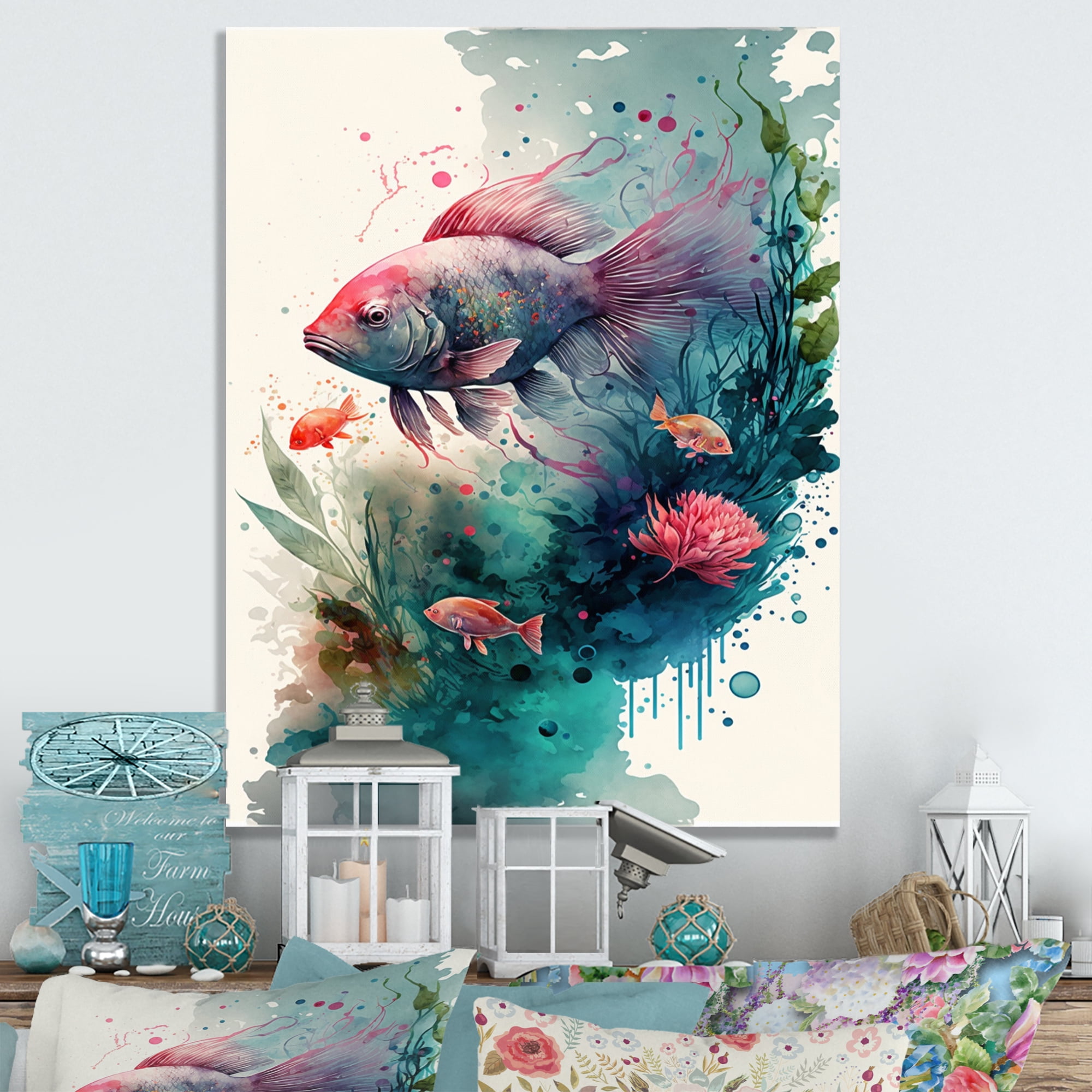 Designart Cute Fish Floral Art I Canvas Wall Art