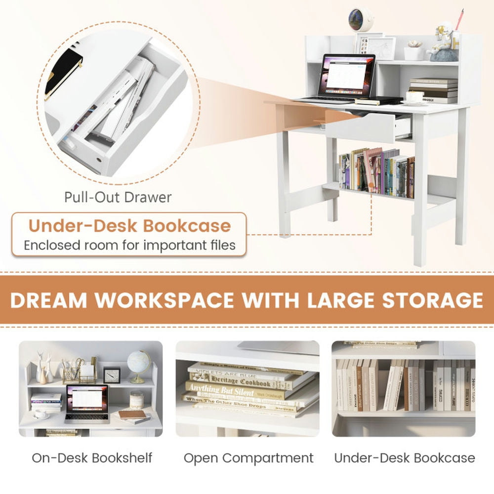 Demi Bonn Home Office Computer Desk with Storage Shelves and Drawer Ideal for Working and Studying, White