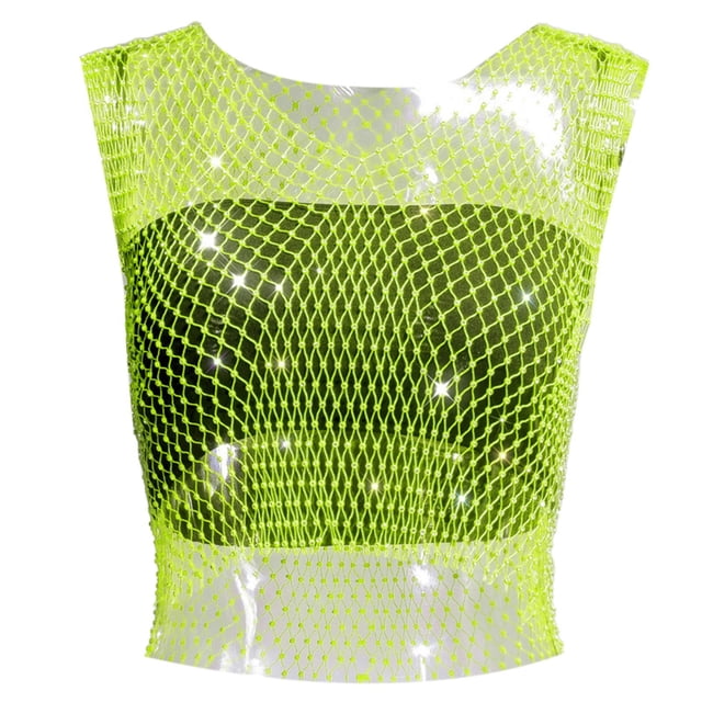 Chaleco de manga corta de red brillante para mujer: red de pesca con pedrería, sexy/casual, para todas las estaciones, talla real.