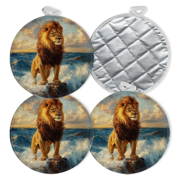 4 PCS Pot Holders for Kitchen,Potholders Sets with Hook for Oven,Cooking,Baking,Realistic Oil Painting Of Lion On Coastal Rock