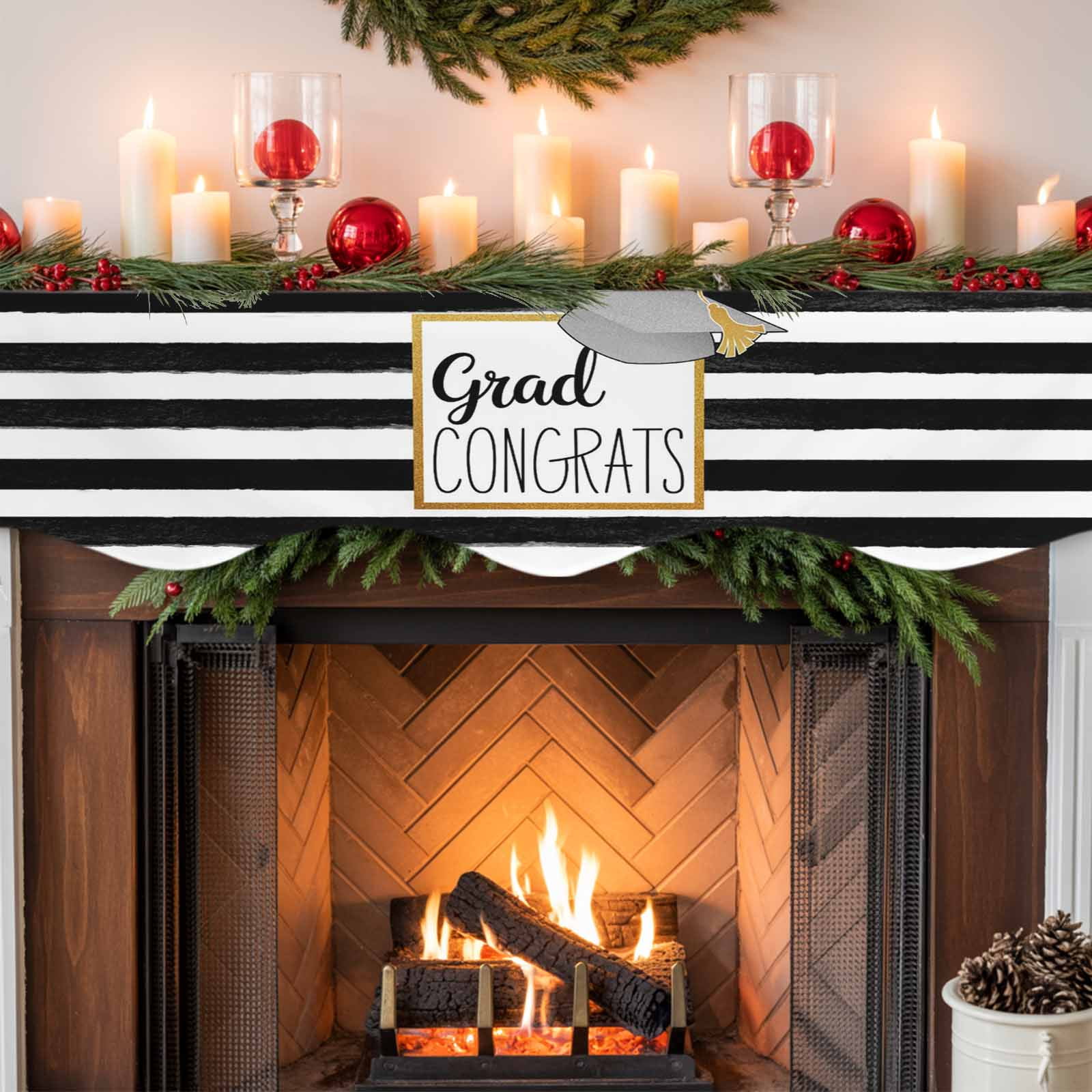 Graduation Trencher Cap Fireplace Mantel Scarf Table Runner, Farmhouse White Black Horizontal Stripes Winter Garland Mantel Top Tablerunners Dresser Scarves Cover Decor for Party Living Room 60"x17"