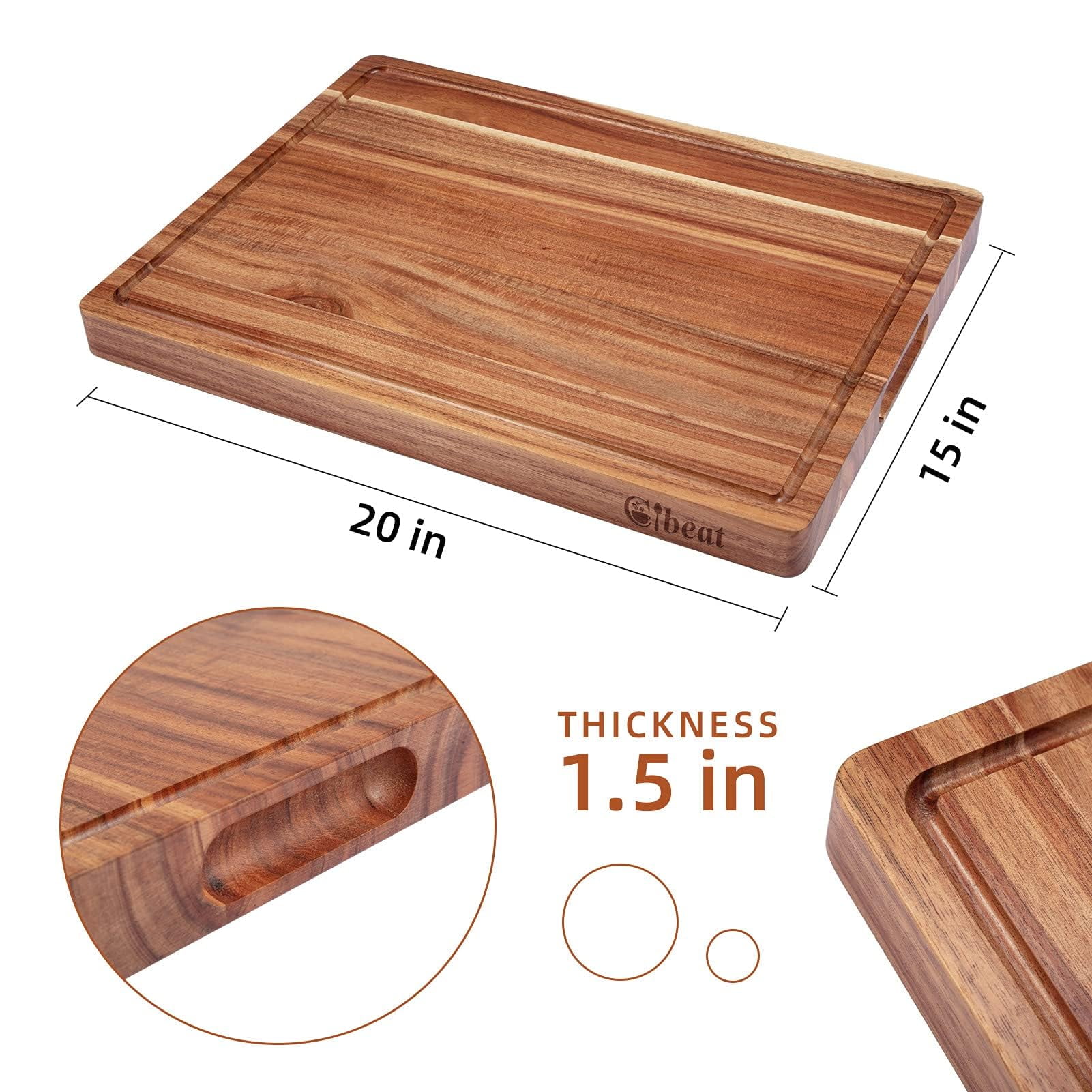 TROPOW Acacia Extra Large Wood Cutting Board, 1.2 Inches Thick Butcher Block, Reversible Wooden Kitchen Block, over Stove Cutting Board, with Side Handles and Juice Grooves, 24 x 18 Inch