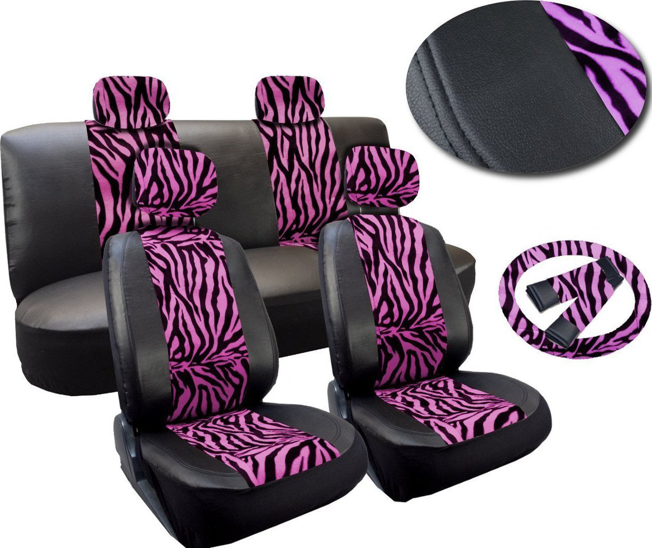 Zebra Animal Car Seat Covers for Front & Rear Bench Universal Fit Pink/ Black 