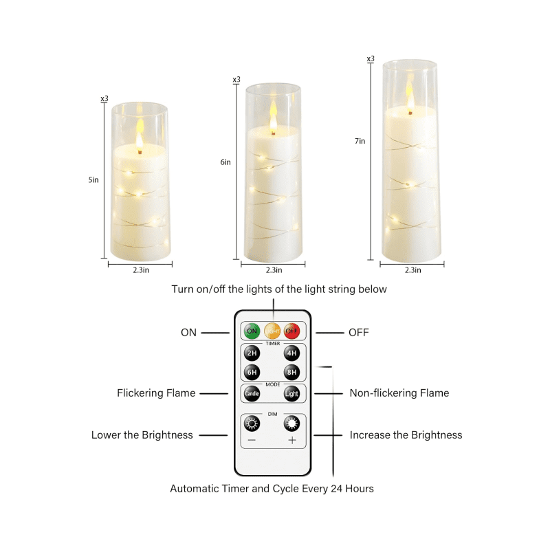 Flameless LED Pillar Candles (9 Pcs) – Embedded Star String, Battery Operated with Remote & Timer, White – Perfect for Home/Party/Wedding