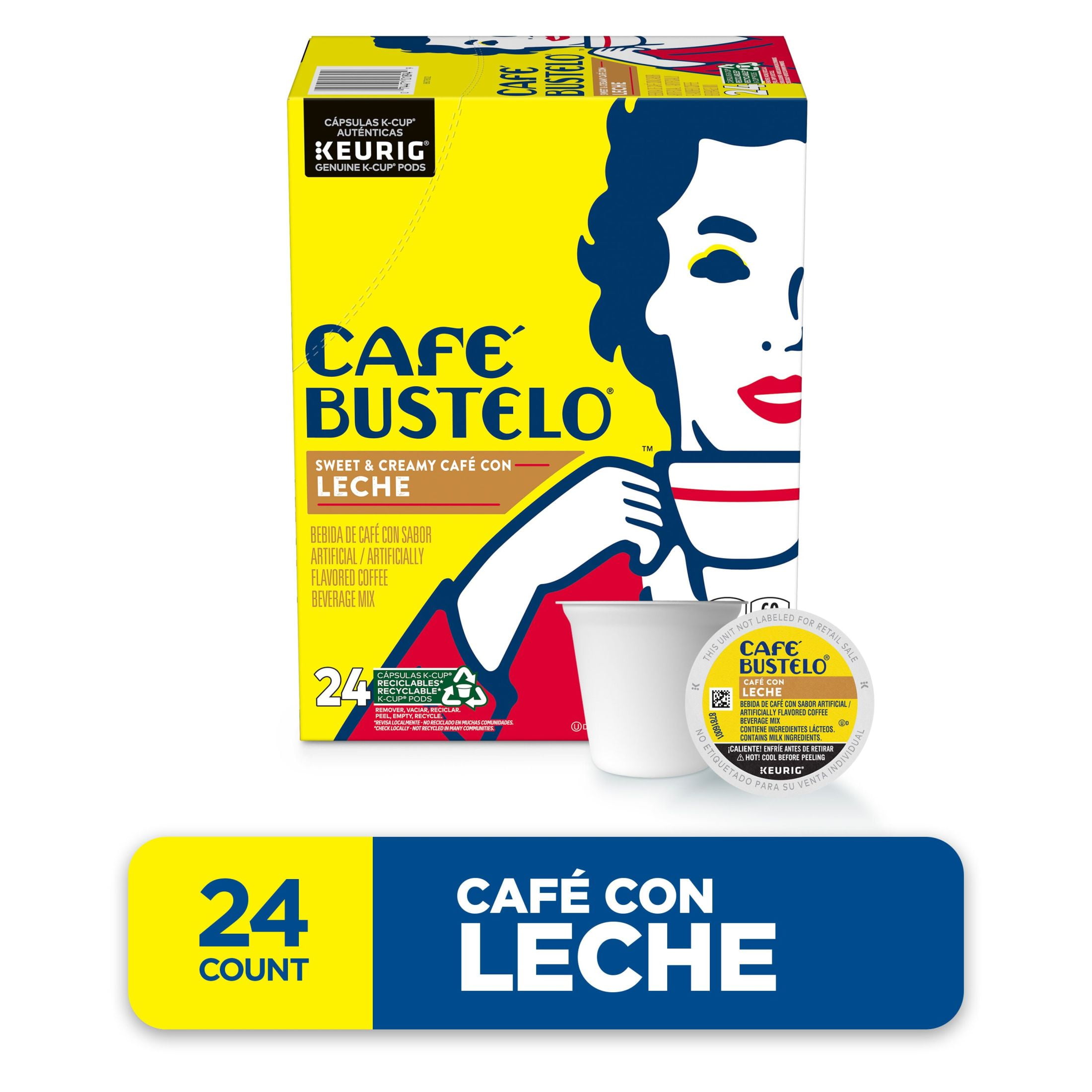 (4 pack) Cafe Bustelo Sweet & Creamy Cafe con Leche Coffee Drink, Keurig K Cup Pods, 24 Count Box