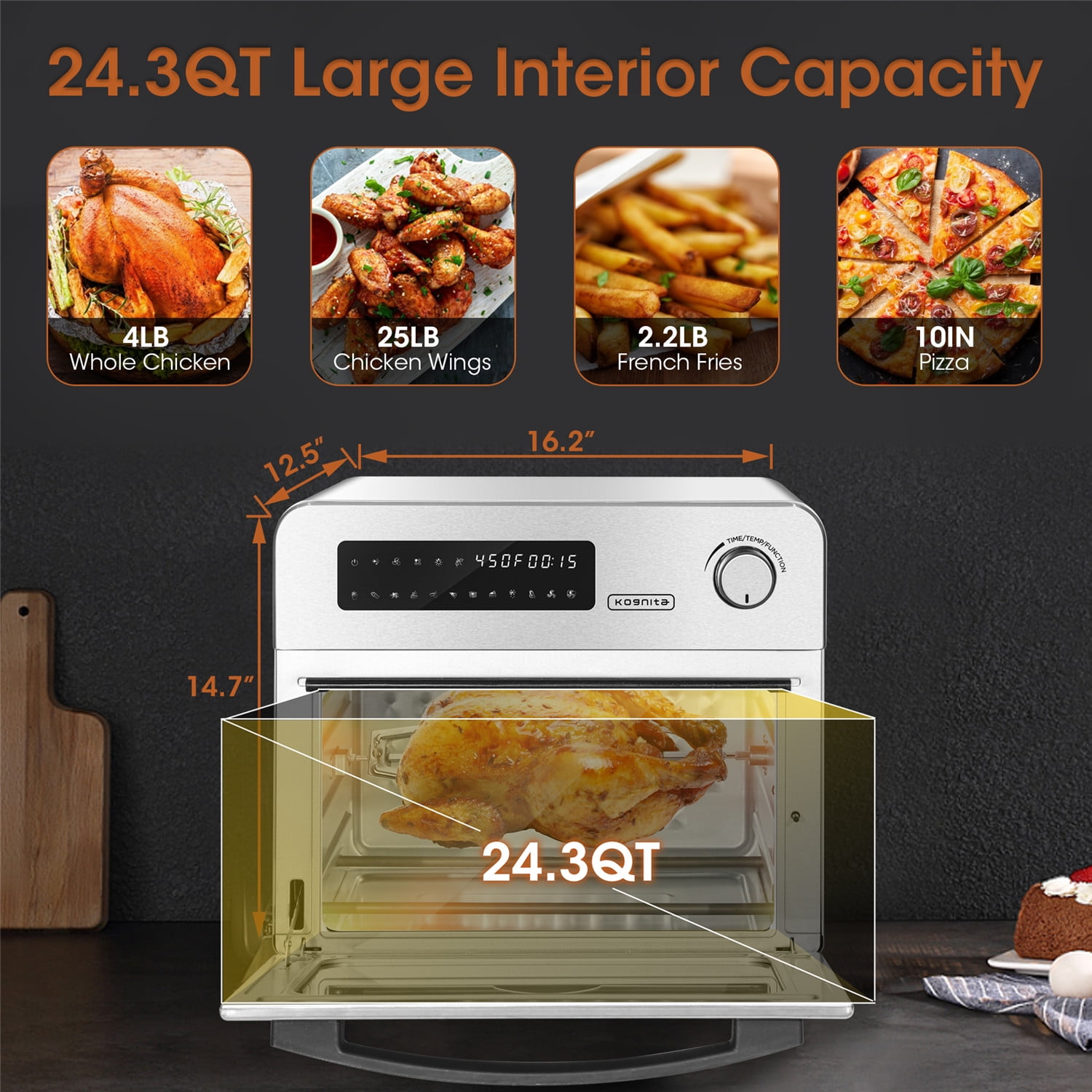 24QT Large Digital Countertop Toaster Oven 7 Accessories KBS 1700W Stainless Steel 10-in-1 Air Fryer Oven with Dehydrator/Rotisserie/Bake/Roast/Grill/Broil Function Max 450℉ & 60 Min Timer 