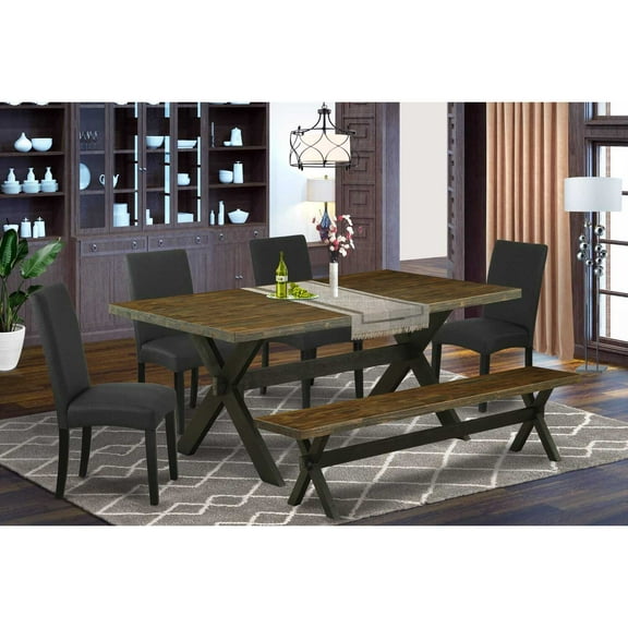 East West Furniture X677DR124-6 6-Pc Dinette Set- 4 Dining Chairs with Black Linen Fabric Seat and Stylish Chair Back - Rectangular Top & Wooden Cross Legs Wood Dining Table and Dining Room Bench...