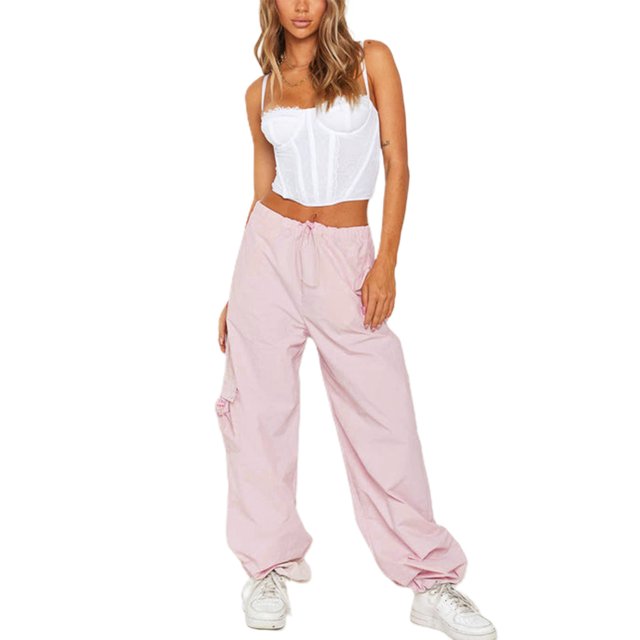 Lucakuins - Pantalones cargo largos para mujer, con cordón, cintura media, color sólido, para correr, ropa de calle con bolsillos Lucakuins moda