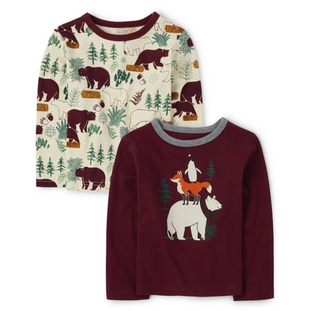 

The Children s Place Baby 2 Pack and Toddler Boys Long Sleeve Fashion Shirts 2-Pack White Forrest/Maroon Bear 4T