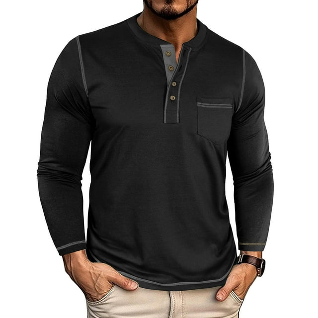 pstuiky Camisas suaves de manga larga para hombre, Camiseta informal de manga larga con cuello redondo y bolsillos abotonados para hombre, color liso, transpirable camisetas de hombre m