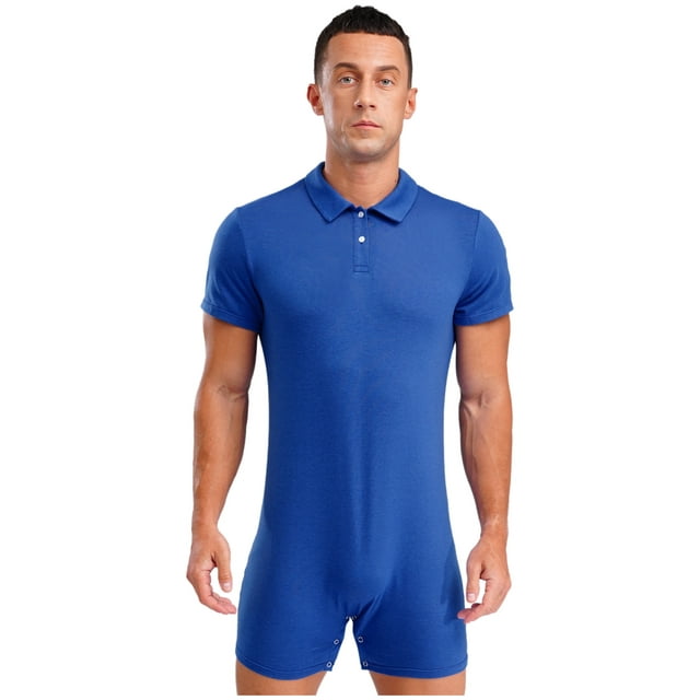 LiiYii Combinaison à Manches Courtes pour Hommes Pyjama une Pièce Extensible Gym Col à Revers Bleu Royal m