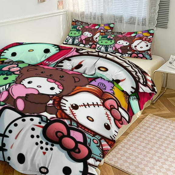 Hello Kitty 3-piece Bed Set, 1Cover and 2 Pillowcases Sizes: Twin, Full, Queen, King